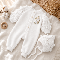 Combinaison en coton doux tricoté pour bébé KAIYUE avec bonnet et moufles, motif floral ajouré, tenue pour nouveau-né pour marques de boutiques, OEM ODM, vente en gros