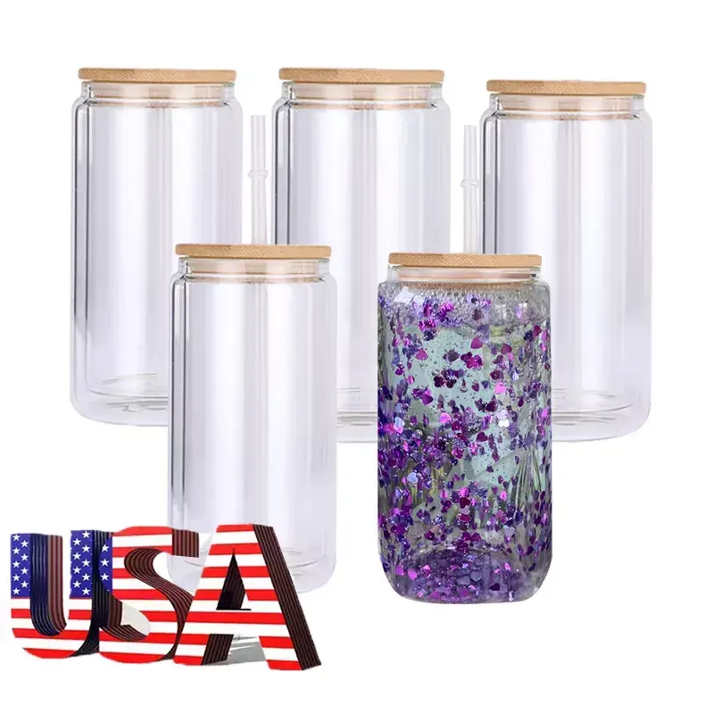 USA LAGER Sublimation 20 Unzen Snoeglobe Straight Glitter Soda Bier Kaffee Schneekugel Glas becher mit Bambus deckel und Strohhalm