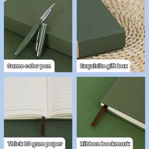 Leather Covered Notebook <b>Set</b> <b>Sewing</b> Binding Same Hue Pen Elegant Box and Bookmark Ribbon - Product Image 2