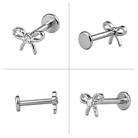 Piercing Labret en Titane ASTM-F136 avec Nœud Papillon et Zircon Cubique à Dos Plat, Filetage Interne, pour Cartilage d'Oreille, Hélix, Tragus