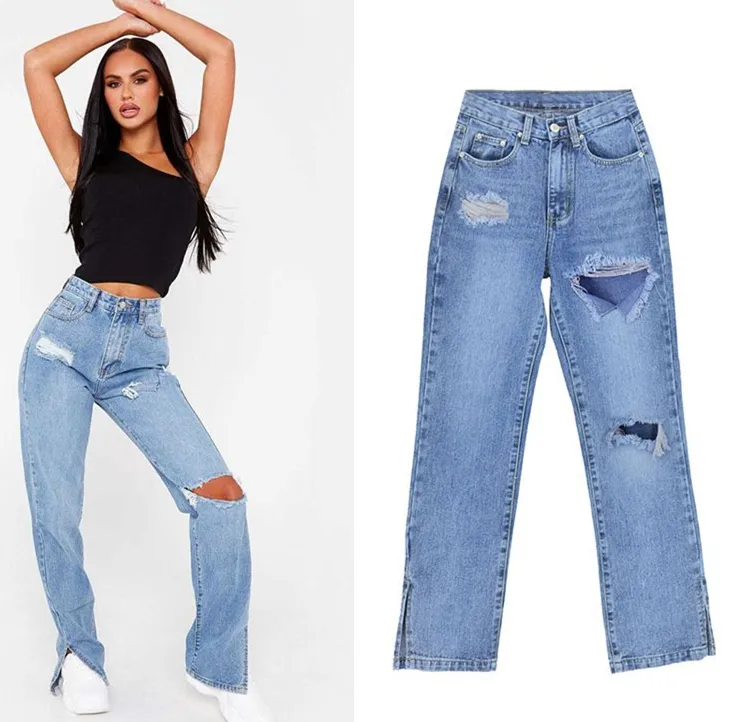 Hoge Taille Rechte Denim Broek Vrouwen Effen Kleur Gescheurde Slanke Flare Jeans