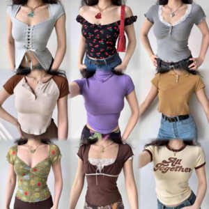 Camiseta de Manga Corta con Cuello Redondo de Color Sólido para Mujer, Verano 2025, Estilo Espina de Pescado, Clásica, Básica, Ajustada - Product Image 1