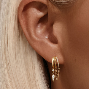 Boucles d'oreilles créoles à pampilles en argent sterling S925 avec rivets étoile et lune, trèfle à quatre feuilles et zircone cubique 5A - Product Image 4