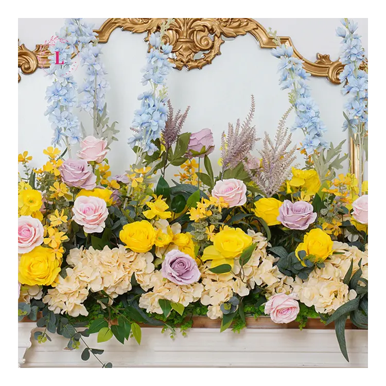 Gelb Lila Hyazinthe Blumen läufer Rose Grün Blätter Blumen arrangement Dekor Hochzeit Hintergrund Blumen reihe