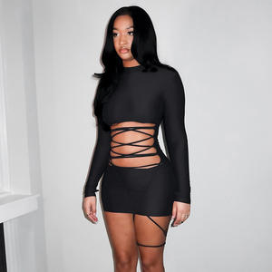 G01767C <span class=keywords><strong>Abiti</strong></span> Aderenti <span class=keywords><strong>Sexy</strong></span> con Fasciature e Patchwork per Donna, Vestito Monocolore con Aperture, Abbigliamento Femminile da Strada - Product Image 1