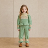 Set Sweater Lengan Panjang Gaya Eropa Amerika Musim Gugur/Dingin 2026 untuk Anak Perempuan, Bordir Kartun Bunga, Pom-Pom Buatan Tangan, 100% Katun