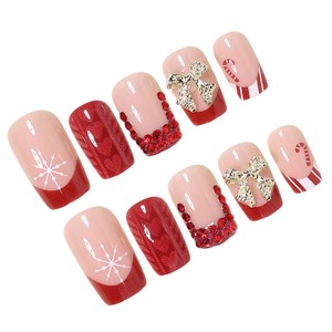 Faux ongles carrés courts à presser pour Noël, motif rouge français, nœud doré, flocon de neige blanc, réutilisables et détachables, pour les fêtes de fin d'année - Product Image 4