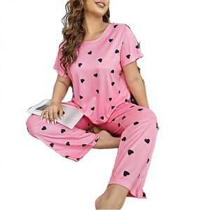 Conjunto de Pijama de Dos Piezas para Mujer, Talla Grande, Verano, Transpirable, Secado Rápido, con Estampado de Amor - Product Image 4