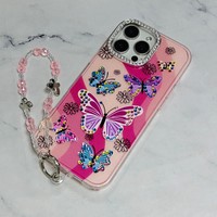 Casing HP 3D Imd TPU+PC Desain Kupu-kupu Logo Kustom Cetak dengan Tali Gantungan untuk iPhone 16 Pro Max 17 15