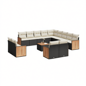 Conjunto de Sofás de Jardín de Ratán Negro para 10 Personas, Muebles de Exterior con Detalles de Madera de Teca, Diseño Contemporáneo, Resistente a la Intemperie - Product Image 1