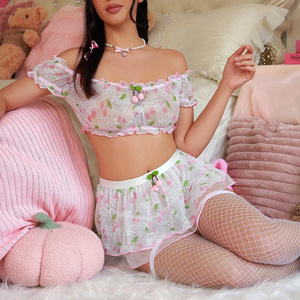 Nouvelle collection de lingerie : Ensemble bustier mini-robe en maille transparente florale sensuelle, string et collants résille - Product Image 4