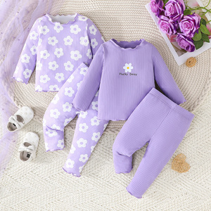 Ensemble pantalon et haut à manches longues pour bébés filles, printemps automne, ensemble quatre pièces, polyester, imprimé fleuri, confortable et élégant - Product Image 3