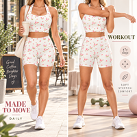 Set Yoga Wanita untuk Olahraga di Gym, Motif Bunga di Seluruh Bagian, Bra Halter, Celana Pendek Pengontrol Perut, Pilates, Kain Daur Ulang, Elastisitas Tinggi
