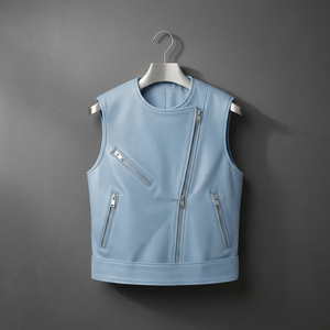 Gilet de moto rétro en cuir véritable bleu clair avec logo personnalisé pour homme, sans manches, fermeture éclair sur le devant - Product Image 3