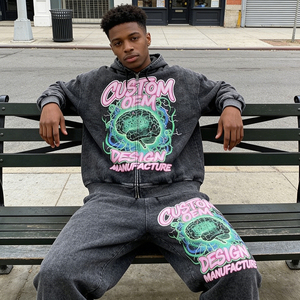 Sudadera con Capucha para Hombre, Estilo Oversize, Hombros Caídos, 400 GSM, Impresión Digital con Efecto Ácido, Personalizada OEM, Conjunto de Dos Piezas - Product Image 2