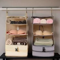 Sac de rangement suspendu pliable à trois couches en tissu non tissé avec 2 crochets pour vêtements de chambre