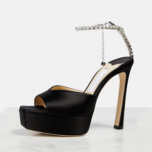 Sandales à plateforme pour femmes avec chaîne de cheville ornée de diamants, bout carré ouvert, talons hauts, en soie lisse, couleurs personnalisées, escarpins d'été - Product Image 4