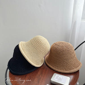 Chapeau Bob Femme en Coton Tricoté Creux Brodé à la Main et Gaufré, Couleur Unie, Décontracté, Respirant, Protection Solaire, Printemps - Product Image 2