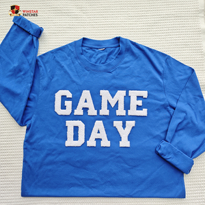 Индивидуальные оптовые нашивки для одежды: объемные буквы из синели, вырезанные лазером, с эффектом DTF, термотрансферные, для спортивных мероприятий и дней проведения игр колледжов - Product Image 6