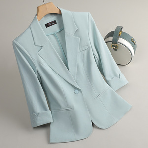Women's Three Quarter Sleeve Suit Jacket Solid Color Polyester Blazer Breathable Slim Fit Casual Spring Style - Product Image 1