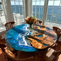 Table à manger en résine époxy artisanale sur mesure, bord naturel, motif vague océanique, pour bar à domicile, villa, maison de bord de mer, hôtel