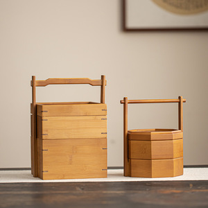 Caja de almacenamiento de alimentos de bambú de doble capa con asa para té, bocadillos y pasteles - Product Image 3