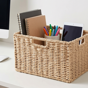 Handwoven <b>Square</b> Seagrass <b>Storage</b> <b>Basket</b> with Built-in Handles, Natural Wicker Cube Organizer Bin for Shelves and Closets - Product Image 4
