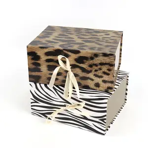 Custom Luxury Leopard Print Folding Magnetic Closure Large Size Skin Care Clothes Clothing Packaging Paper Gift Box For Present