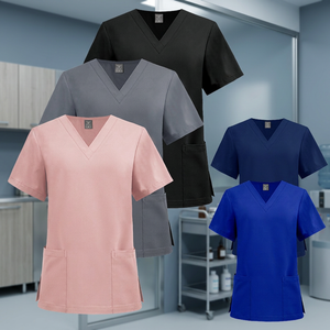 Custom Logo Woven Polyester Spandex Seamless Fusing Chest Pocket V-Neck <b>Scrubs</b> Top Nurse Women Men Unisex Medical Uniform Solid - Product Image 3