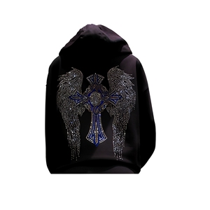Men's Gothic Rhinestone Cross <b>Wings</b> Hoodie Regular Fit <b>Black</b> Knitted Sweatshirt Autumn Style - Product Image 1