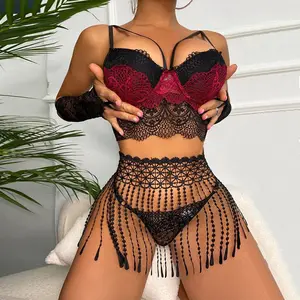 High Quality Black Trim Stitching Women Erotic Sex Mature Sexy Tassel Lace Lingerie Set