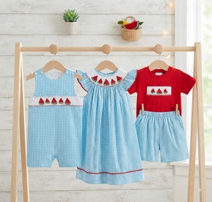 Robes smockées pour bébé fille, manches volantées, motif pastèque bleu, gingham, faites à la main avec broderie décorative pour enfants - Product Image 6