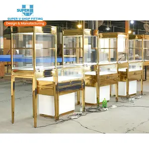 Custom Gold Jewellery Display Cabinet Showcase Design Trendy Lockable Glass Jewelry Display Showcase