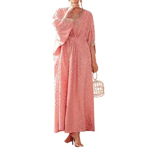 new peach pink sequin eslamic casual clothes muslim women batwing sleeves evening party maxi dress elegant abaya arabic kurta