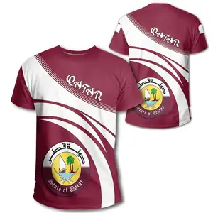卡塔尔红色条纹风格定制标志衬衫男式足球运动训练t恤按需印花圆领短袖t恤