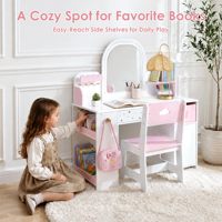 Ensemble Coiffeuse Moderne en Bois pour Enfants avec Miroir Lumineux 3 Couleurs, Meuble de Rangement, Table de Maquillage Princesse et Chaise pour Chambre à Coucher - Vente en Gros