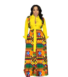 여자의 아프리카 프린트 깊은 V 넥 3/4 슬리브 높은 슬릿 Dashiki 긴 맥시 원피스