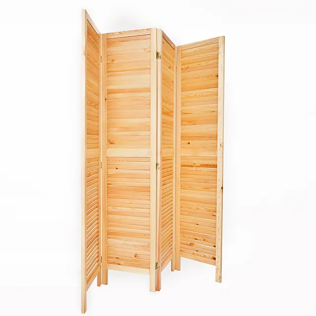 Longtu Natural Wood Frame Room Divider Modern 4-Panel Foldable Screen for Living Room or Office Movable Partition Design