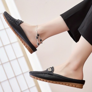 Mules mocassins noires pour femmes à talon ouvert avec boucle en strass, chaussures plates décontractées respirantes en cuir PU souple pour la conduite - Product Image 3