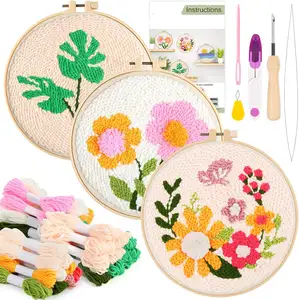 Mão Faça DIY Bordado Padrão Punch Needle Kit para Iniciantes Hoop Needle Threader Conjunto Completo