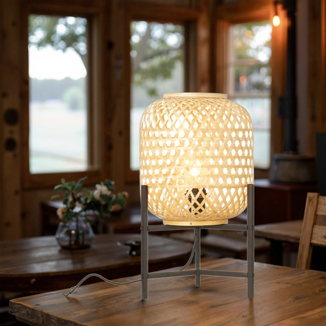 Natural Rattan Table Lamp with Three Legs Industrial Style Drum Shade E26 Bulb Base AC Power for Home Hotel Living Room Decor