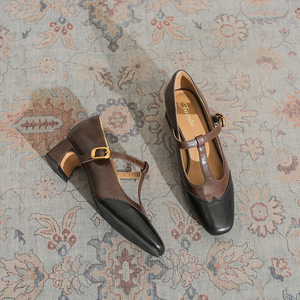 Zapatos de Tacón Alto para Mujer, de Cuero Genuino Negro, Estilo Mary Jane, Punta Cuadrada, Tacón de Bloque, Correa en T con Hebilla, Transpirables, para Todas las Temporadas - Product Image 2
