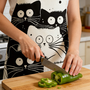 Delantal con diseño de gato en blanco y negro para adultos, uso en cocina, protección contra salpicaduras. - Product Image 1