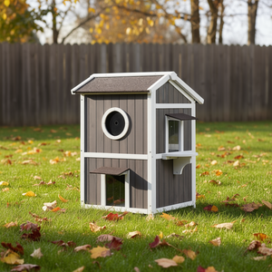 Abri pour chats d'extérieur en bois à 2 étages avec toit et portes rabattables pour chats errants, maison pour animaux de compagnie toutes saisons - Product Image 2