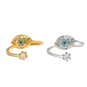 Vergoldete offene verstellbare Strass Fingerringe Frauen Modeschmuck Ethnischer Kristall Fatima Türkisch Blau Evil Eyes Ring