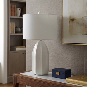 Glossy White Table Lamp Column <b>Plug</b> <b>in</b> Modern Table Lamp Ceramic Table Lamp <b>Led</b> Table Lamp with Shade for Living Room - Product Image 1