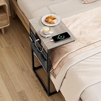 Table basse moderne en forme de C avec station de charge, meubles de salon avec sac de rangement, plateau en MDF, structure en métal