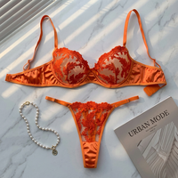 Set Bra dan Thong Wanita dengan Bordir Bunga, Bahan Mesh Transparan, Berkawat, 2 Potong, Set Lingerie Plus Size, Set Bra Seksi, Pakaian Dalam