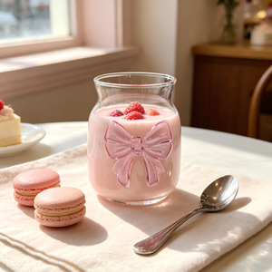 Gelas Dessert Kaca Borosilikat Tinggi 15oz 16oz yang Lucu dengan Tumbler Pita Pink 3D dan Mug Kopi Dingin Berpegangan untuk Hadiah Rumah Tangga - Product Image 4