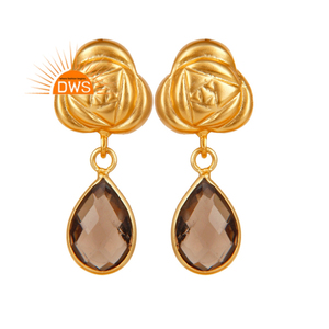 Pendientes de Cuarzo Ahumado con Engaste de Bisel, Chapados en Oro, de Latón, de Moda, Colección Vintage, Fabricante de Joyería - Product Image 1
